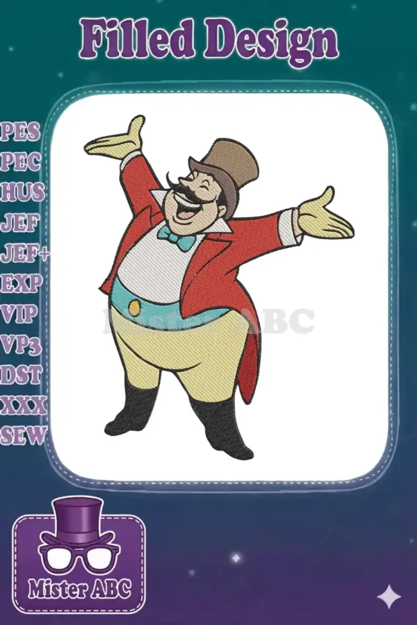 Vibrant embroidery design of a cheerful Ringmaster in a red coat, top hat, and blue bow tie, arms open wide.