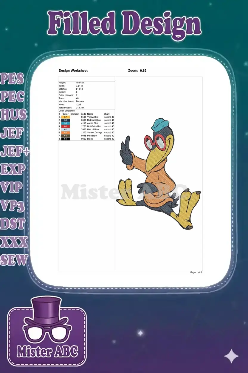Detailed embroidery design worksheet for the crow design, showing dimensions, stitch count, color sequence, and machine settings.