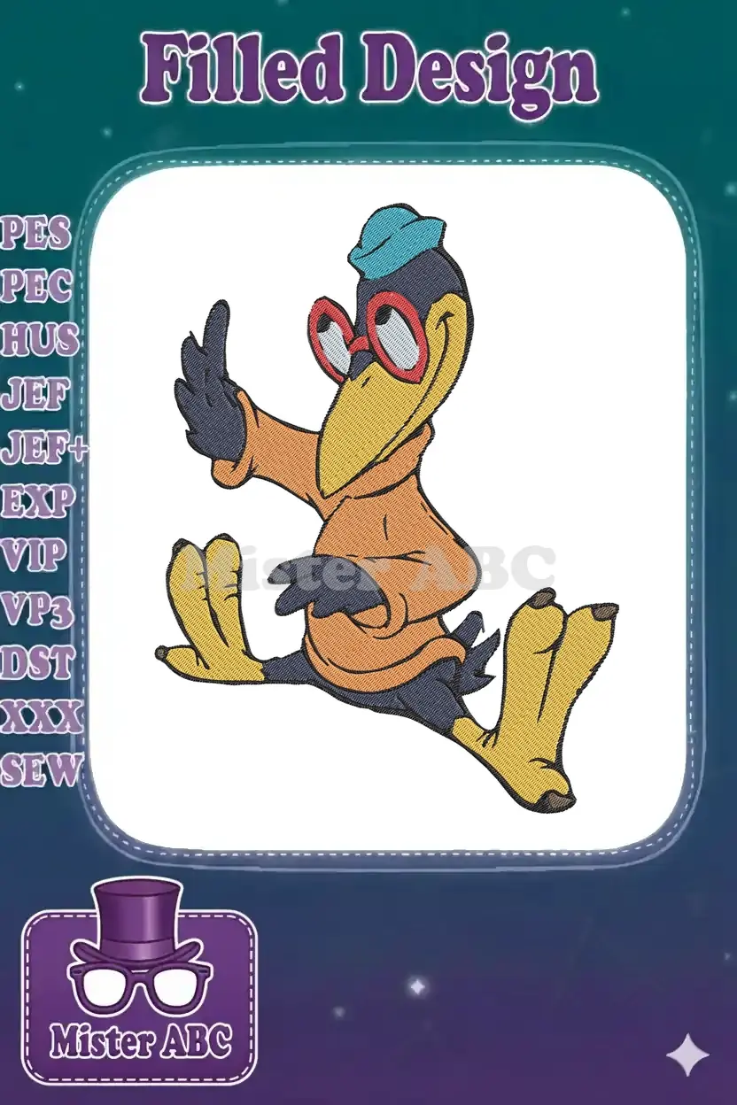 Dynamic embroidery design of a cartoon crow in a playful, leaping pose, featuring vibrant orange, blue, and yellow colors with red glasses.