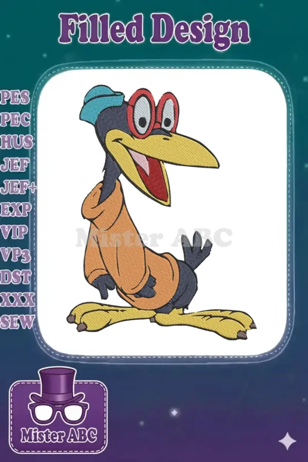 A cheerful cartoon crow embroidery design, wearing a blue beanie, red glasses, and an orange hoodie, smiling brightly.