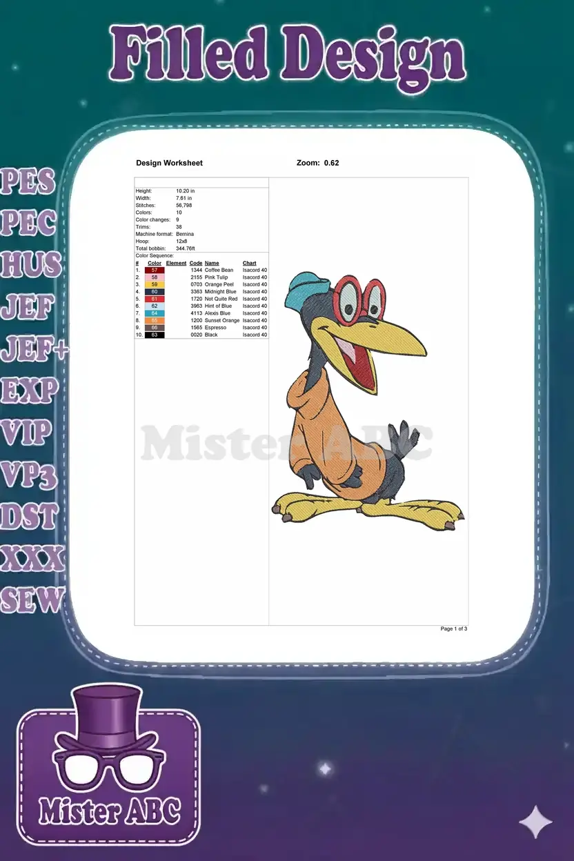 Embroidery design worksheet for the cheerful cartoon crow, detailing stitch count, dimensions, and color sequence.