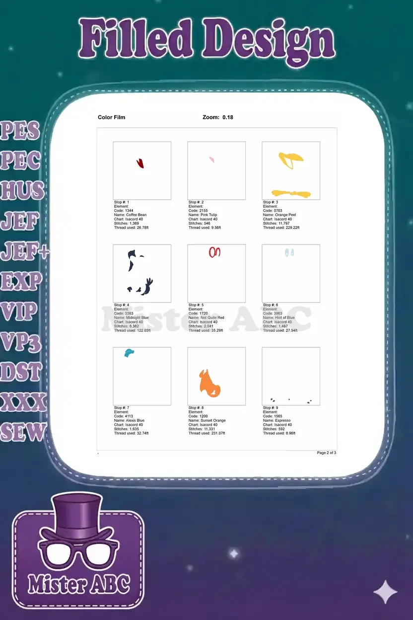 Page 2 of the color film for the cartoon crow embroidery, showing individual stitch elements for colors 1-9.
