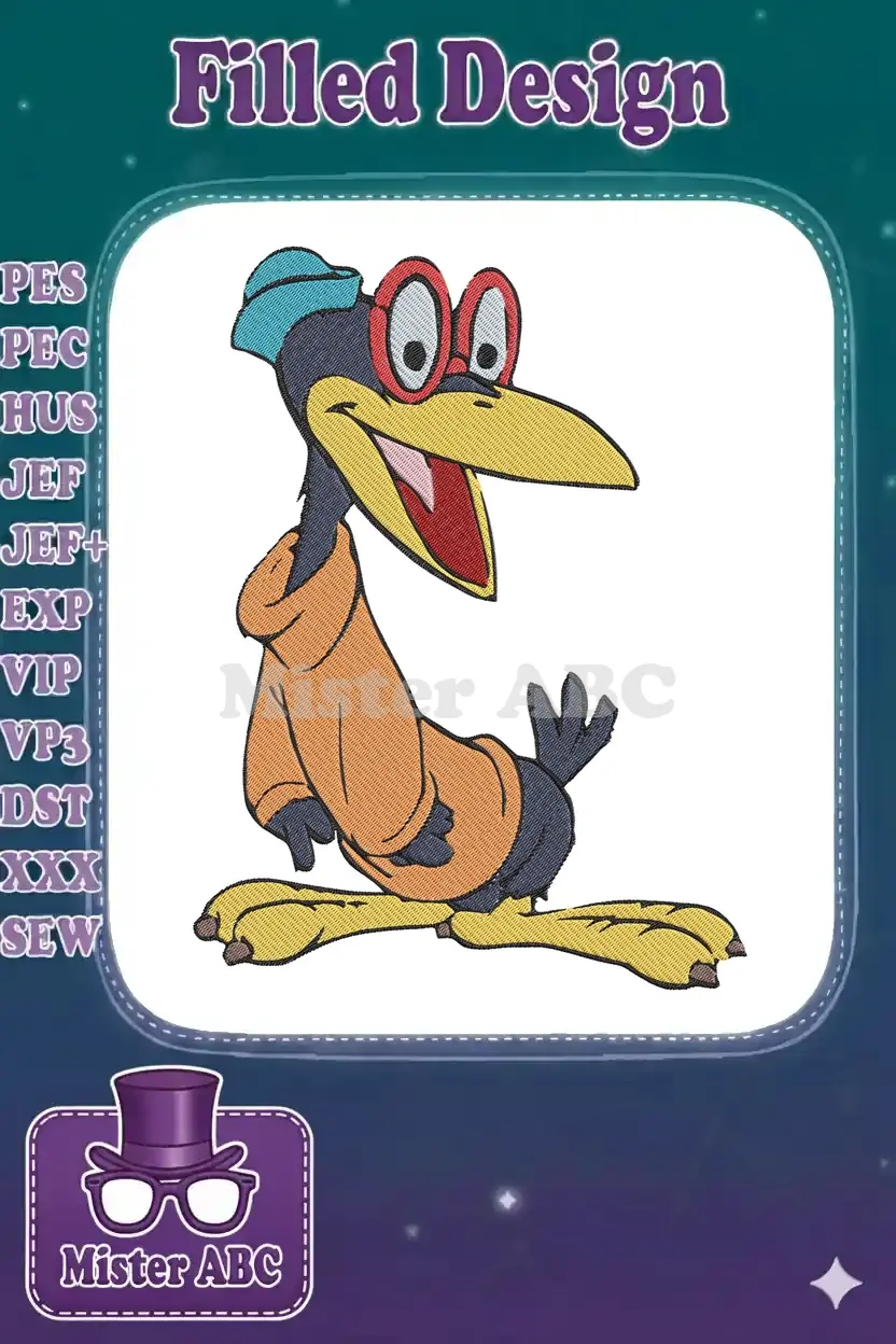 A cheerful cartoon crow embroidery design, wearing a blue beanie, red glasses, and an orange hoodie, smiling brightly.