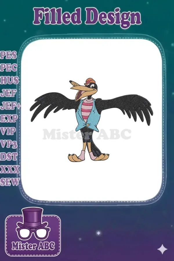 A vibrant embroidery design of Jim Crow, the cartoon crow from Dumbo, standing with wings spread, wearing a hat, vest, and striped shirt.