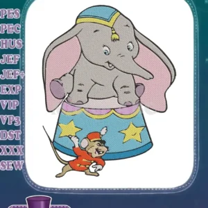 A charming embroidery of Dumbo the flying elephant with Timothy Mouse, sitting on a colorful circus pedestal.