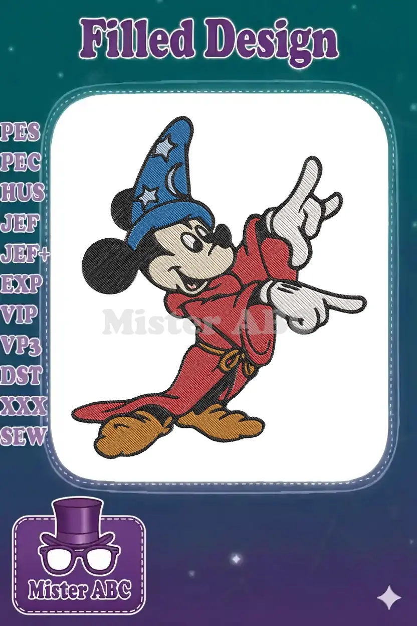Vibrant Sorcerer Mickey Mouse embroidery design, featuring his iconic blue wizard hat and red robe, ready to cast a spell.