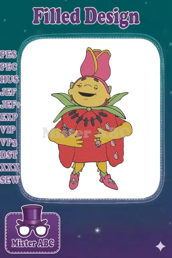 Full embroidery of Sour Grapes, a cheerful character with yellow skin, a pink flower hat, red dress, and green leaves.