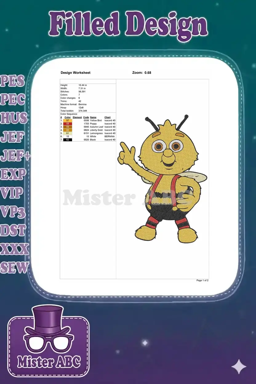 Embroidery design worksheet for Willy the Bee, showing dimensions, stitch count, and color sequence details.