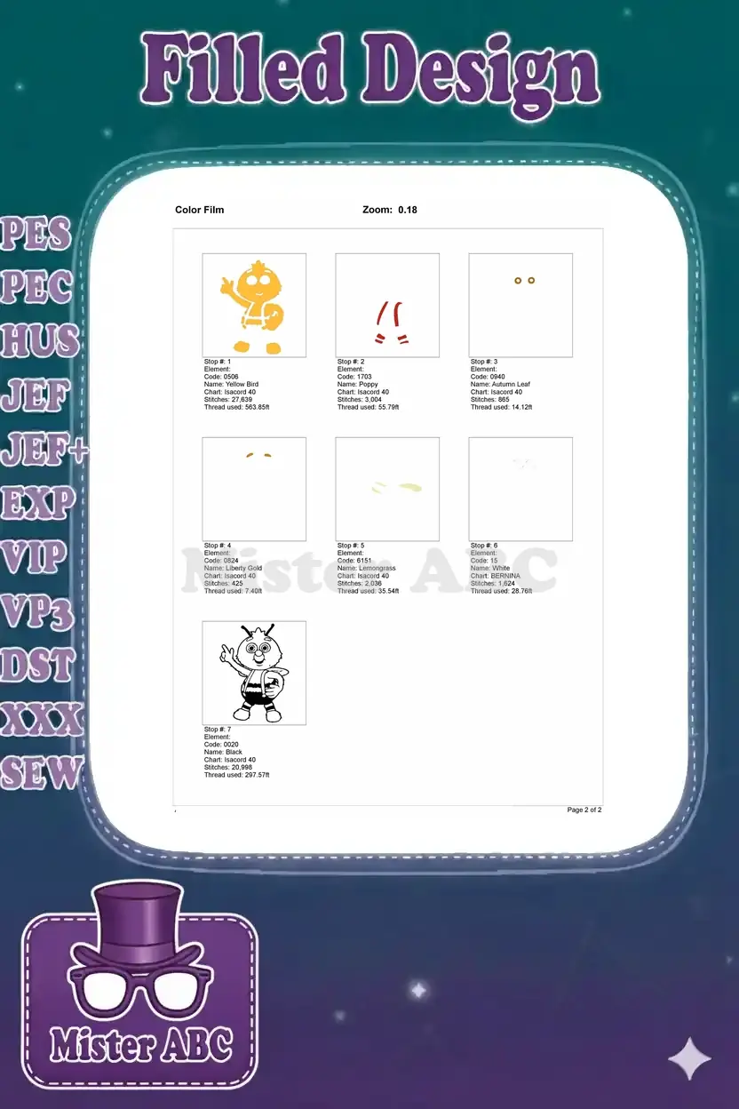 Color film breakdown for Willy the Bee embroidery, detailing each stitch stop and thread usage.