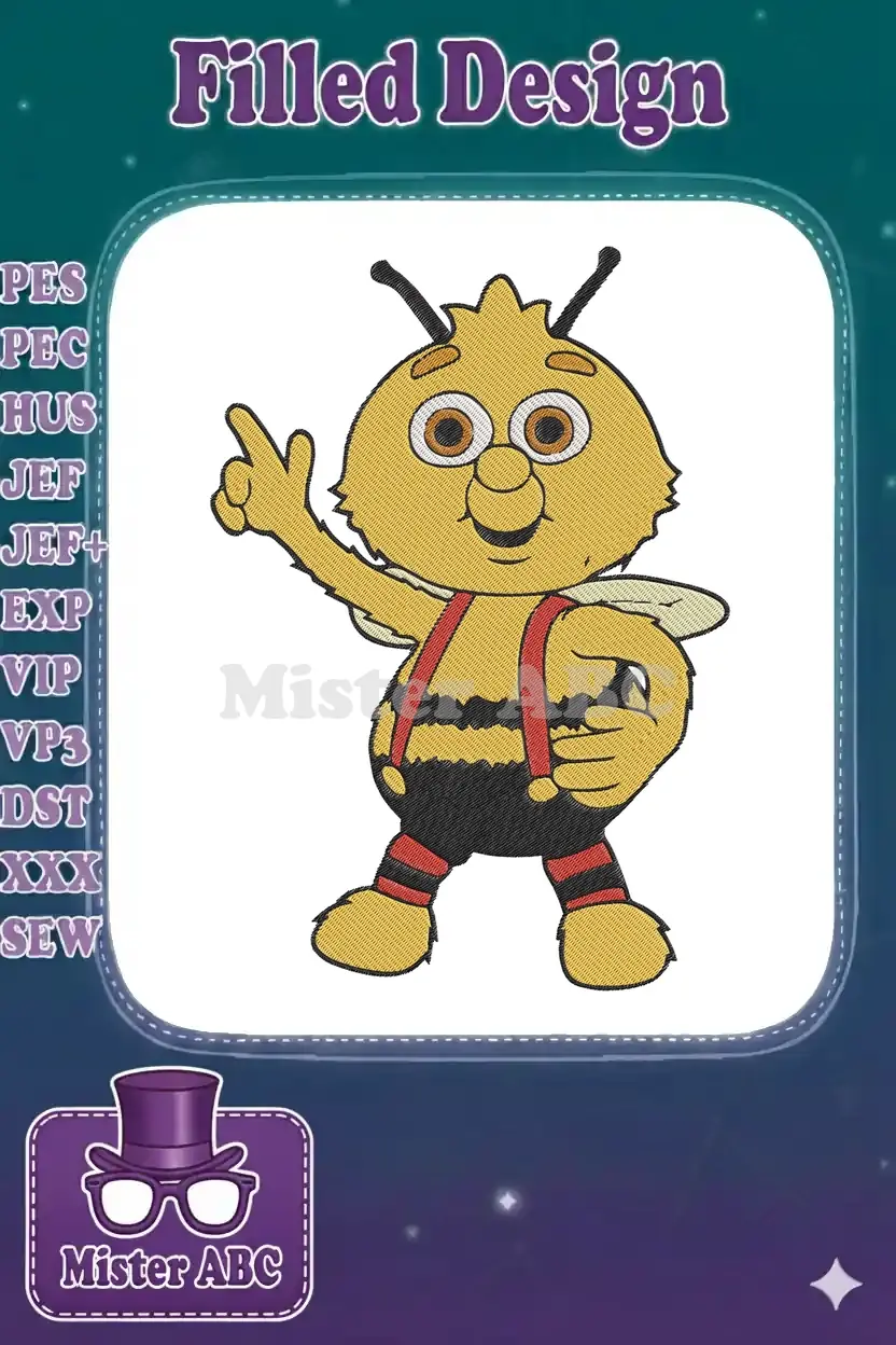 Vibrant machine embroidery design of Willy the Bee, a cheerful cartoon character pointing upwards.