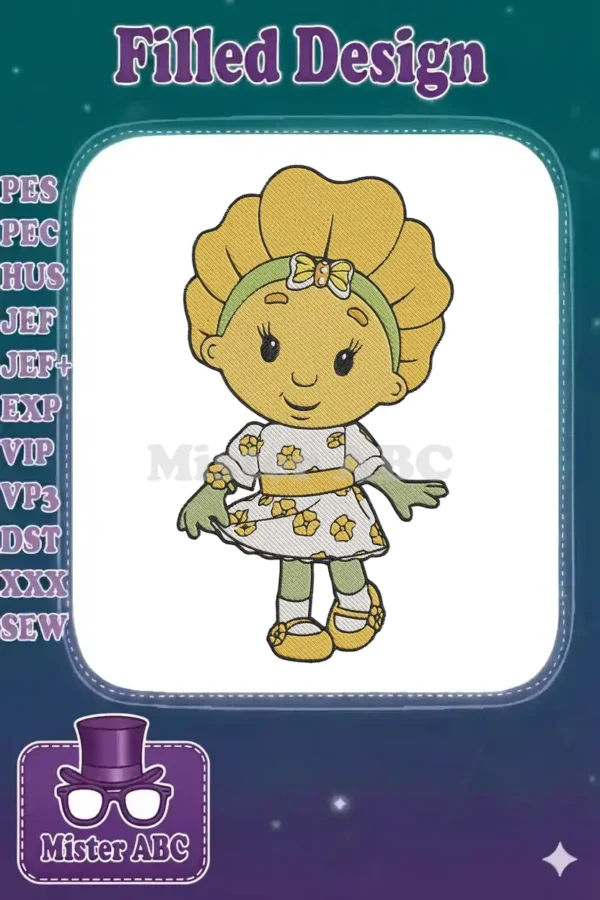 Close-up of a cheerful yellow flower girl embroidery design, featuring intricate stitching and vibrant colors.