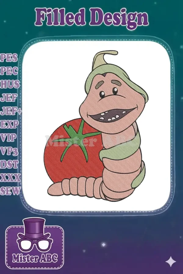 A friendly cartoon worm with a green cap, smiling broadly, wrapped around a bright red tomato embroidery design.