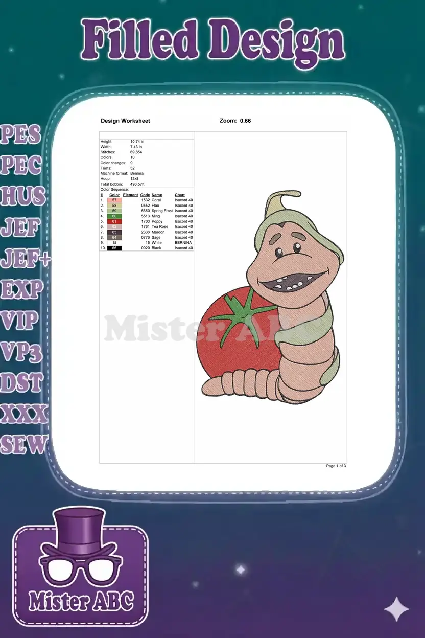 Embroidery design worksheet detailing stitch count, colors, dimensions, and thread chart for the worm and tomato.