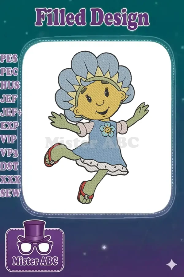 A vibrant embroidery design featuring Fifi Forget-Me-Not, a cheerful flower-themed character in a blue dress, dancing.