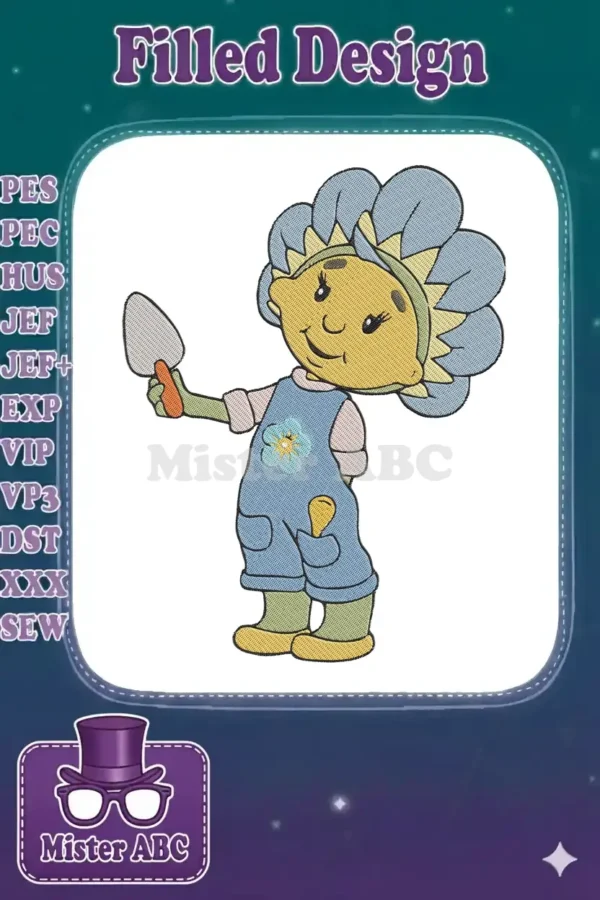 Fifi Forget-Me-Not character holding a trowel, ready for gardening, in a colorful embroidery design.