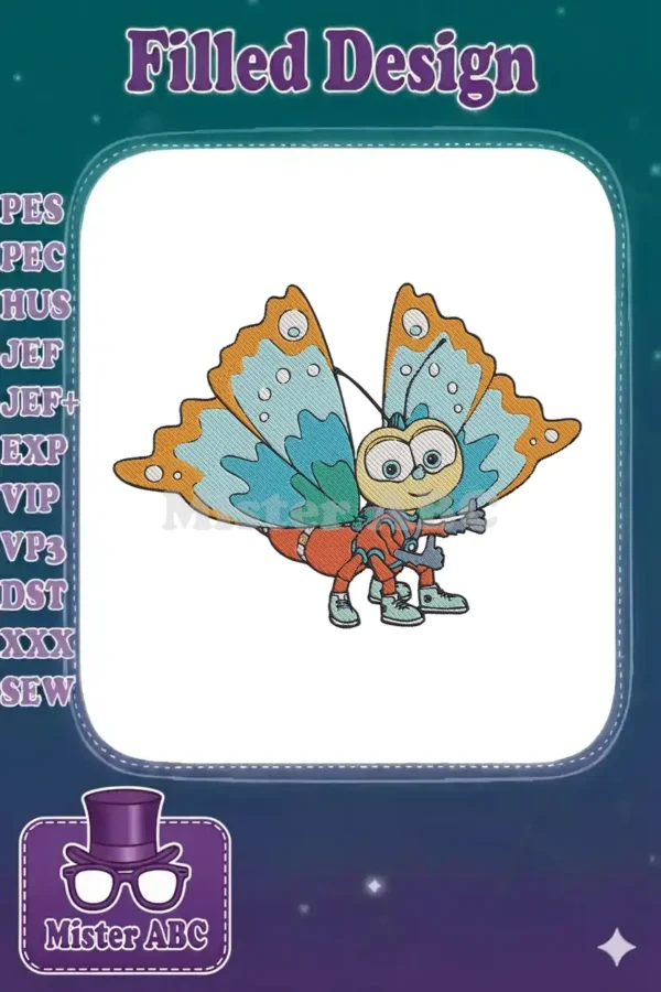 Cheerful Buzzbee the butterfly character embroidery design, giving a thumbs-up, with vibrant orange and blue wings.