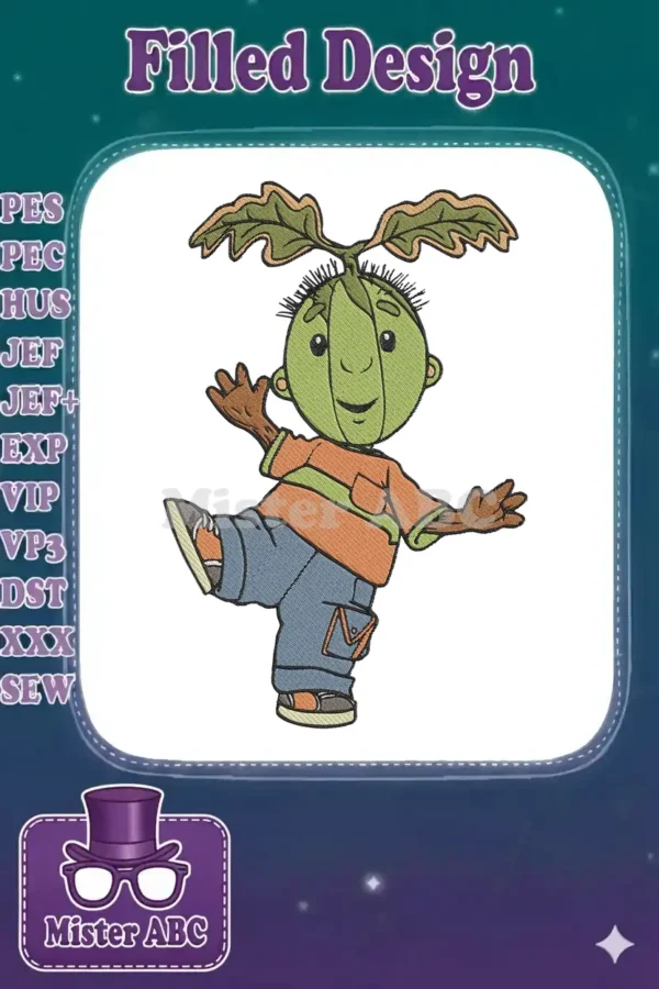 Full-color digital embroidery design of a cheerful, animated character with an acorn head and oak leaves.