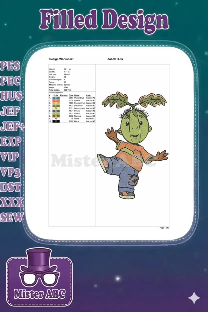 Embroidery design worksheet detailing dimensions, stitch count, color changes, and thread color sequence.