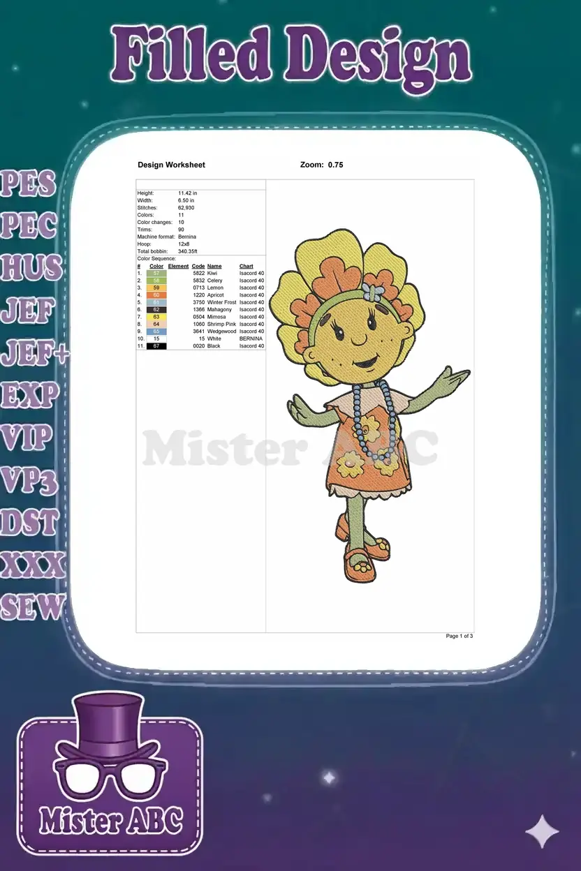 Embroidery design worksheet showing precise dimensions, stitch count, thread colors, and a clear design preview.