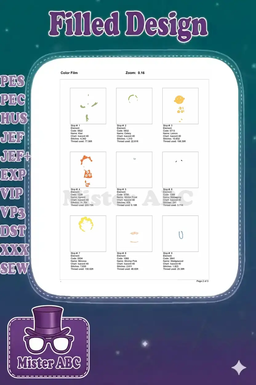First page of the embroidery color film, detailing the initial 9 color stops, stitch counts, and thread usage.