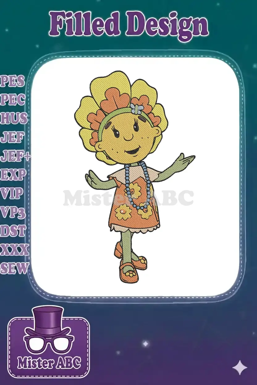 A cheerful, embroidered flower character with a bright yellow face, orange dress, and blue necklace, standing happily.