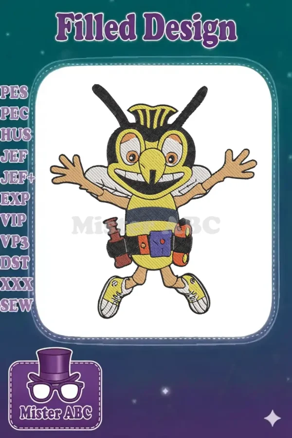 An embroidered cartoon bee character, yellow and black, with a utility belt, white wings, and a big smile.