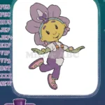 Happy cartoon flower girl purple overalls playful embroidery designs - Instant Download
