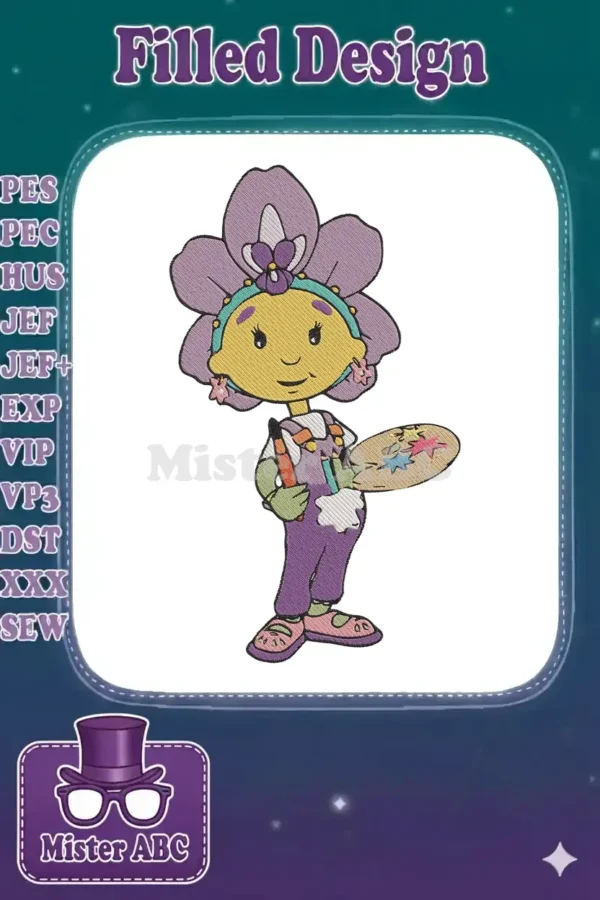 Full-body embroidery of a smiling flower-headed girl artist holding a palette and brushes, on a white background.