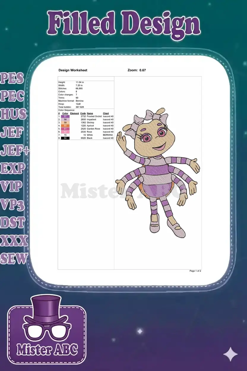 Embroidery design worksheet for Miss Spider, detailing dimensions, stitch count, colors, and machine info.