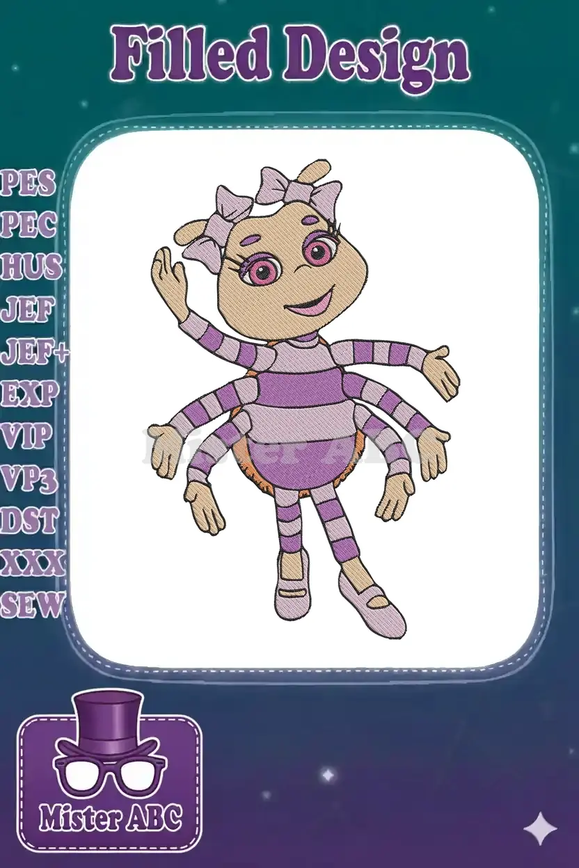 Miss Spider from Sunny Patch Friends, a cheerful spider character with pink bows and striped attire.