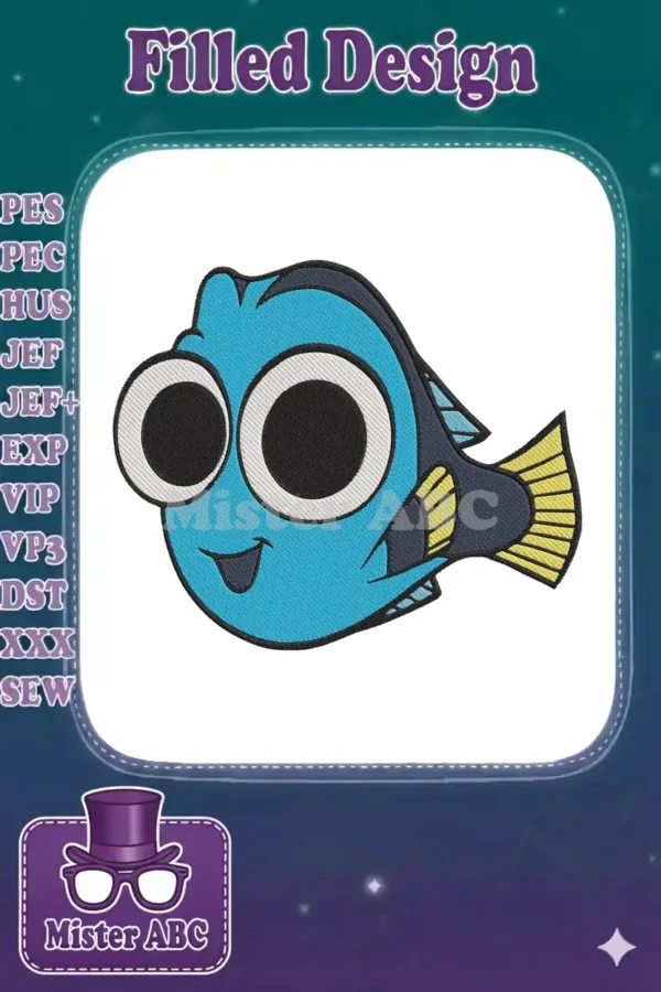 A vibrant embroidery design of Dory, the friendly blue tang fish from Finding Nemo, with big, expressive eyes.
