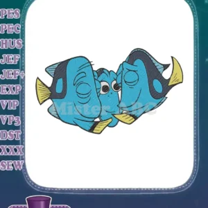 Embroidered design of baby Dory nestled between her loving parents, Jenny and Charlie, from Disney's Finding Dory.