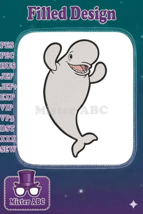A vibrant embroidery design featuring a cheerful beluga whale with open mouth and raised fins, ready to be stitched.