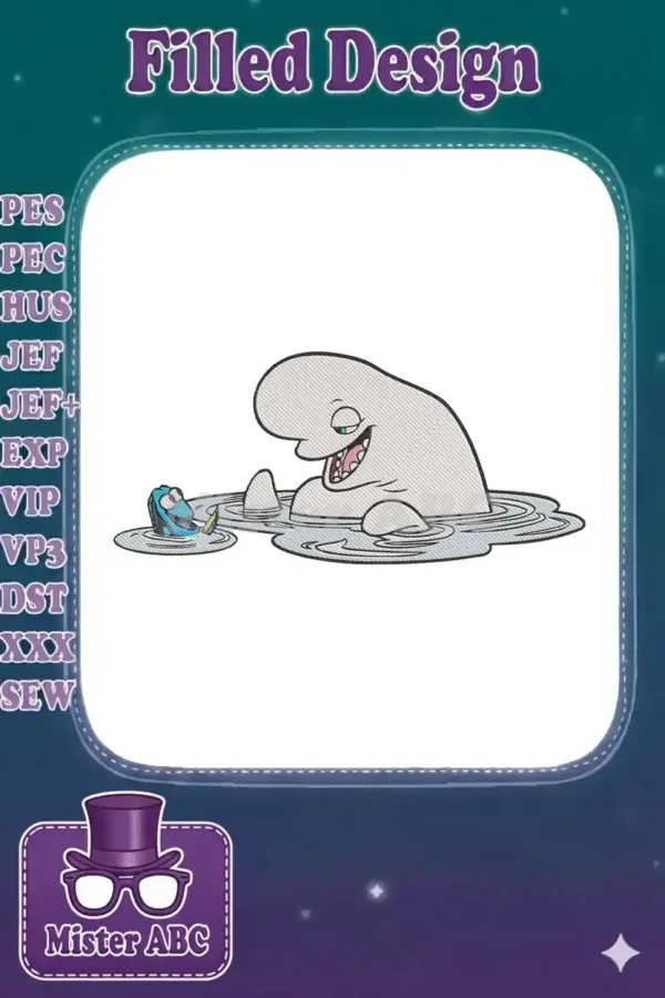 Embroidery design of Bailey the beluga whale from Finding Dory smiling, with Dory swimming beside him in water.