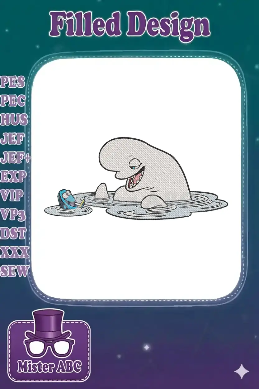 Embroidery design of Bailey the beluga whale from Finding Dory smiling, with Dory swimming beside him in water.
