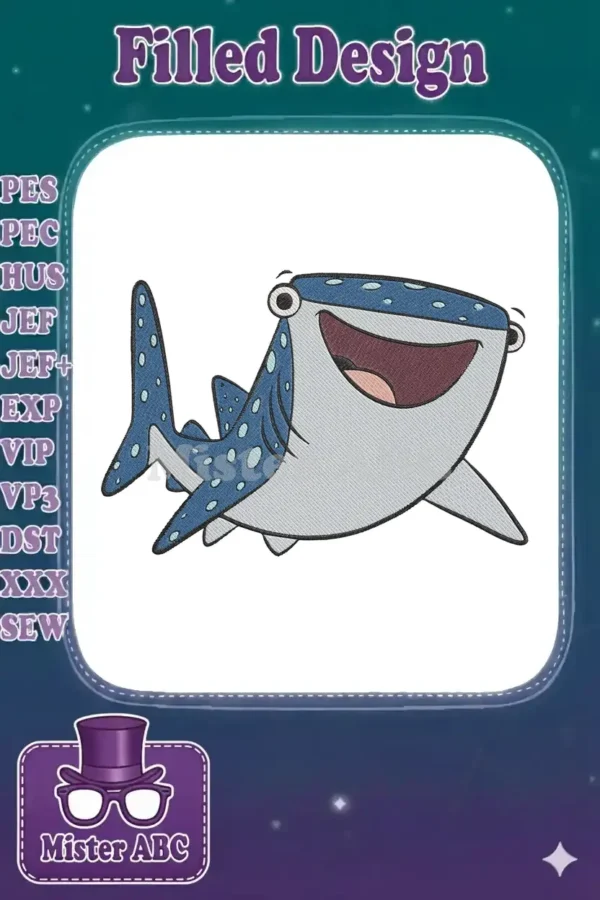 A cheerful embroidery design of Destiny the whale shark from Finding Dory, featuring blue, grey, and white colors.