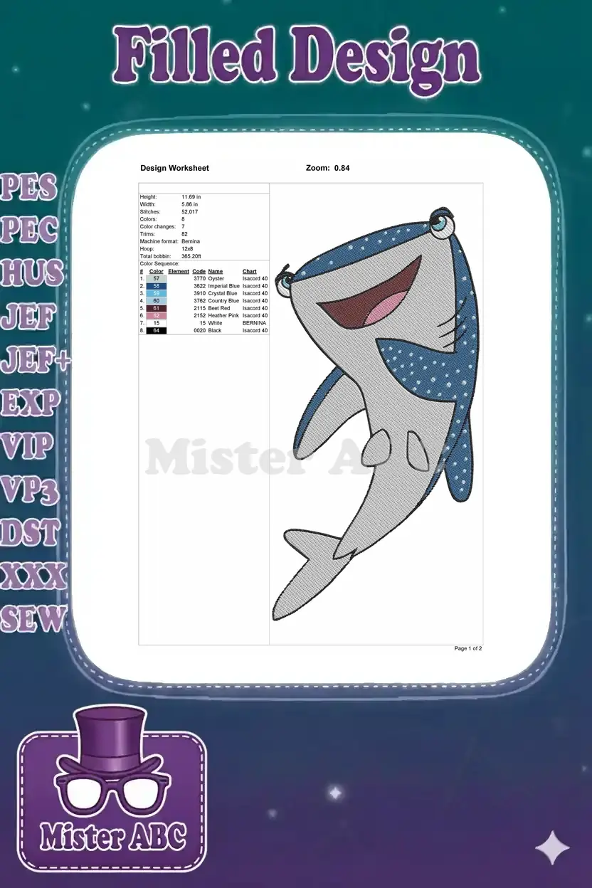 Embroidery design worksheet detailing dimensions, stitch count, color sequence, and thread information for Destiny.