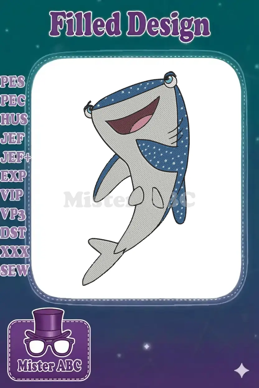 Detailed embroidery design of Destiny, the friendly whale shark from Finding Dory, with a big smile and blue spots.