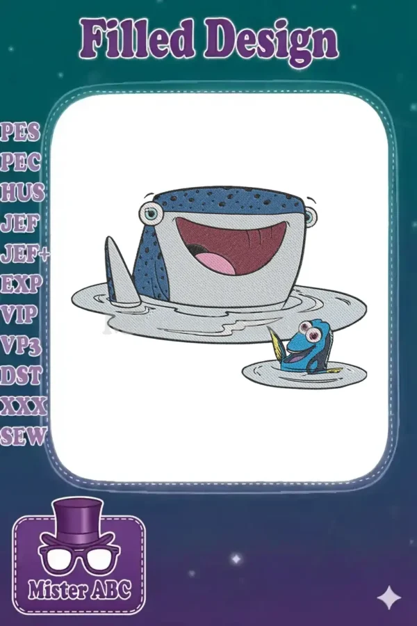 A cheerful embroidery design featuring Bailey the beluga whale and Dory from Finding Nemo, happily swimming in water.
