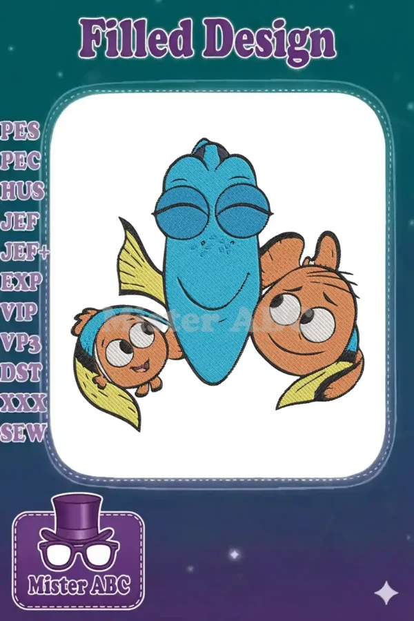 Vibrant embroidery of baby Dory, Nemo, and Marlin, from Finding Nemo, with detailed stitching and cheerful expressions.