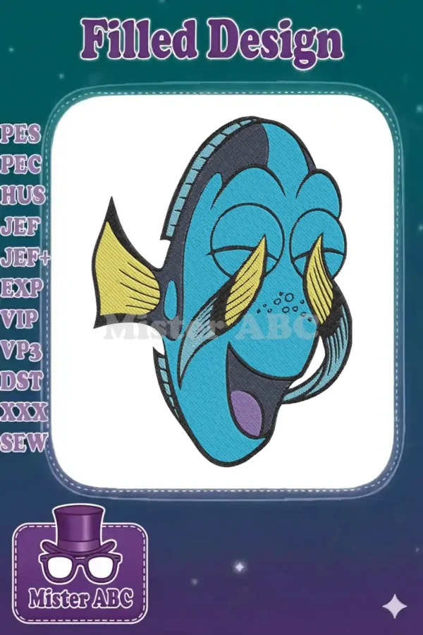 A vibrant machine embroidery design of Dory from Finding Nemo, featuring her cheerful and expressive face.