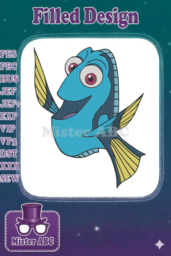 Vibrant embroidery design featuring Dory, the blue tang fish, from Disney Pixar's Finding Nemo, smiling brightly.