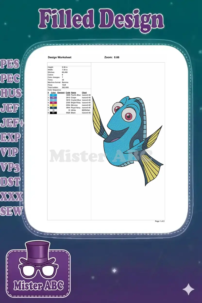 Embroidery design worksheet for Dory, showing dimensions, stitch count, color sequence, and thread codes.