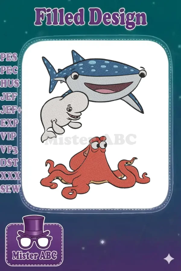 An enchanting embroidery design featuring Hank the octopus, Bailey the beluga whale, and Destiny the whale shark.
