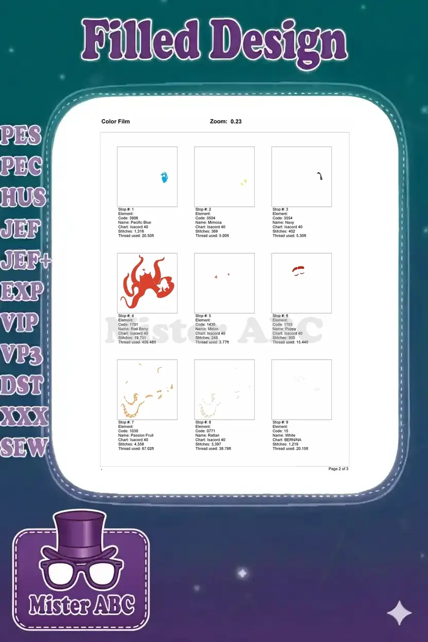 First page of the Color Film for Hank and Dory embroidery, showing initial color stops with stitch counts and thread usage.
