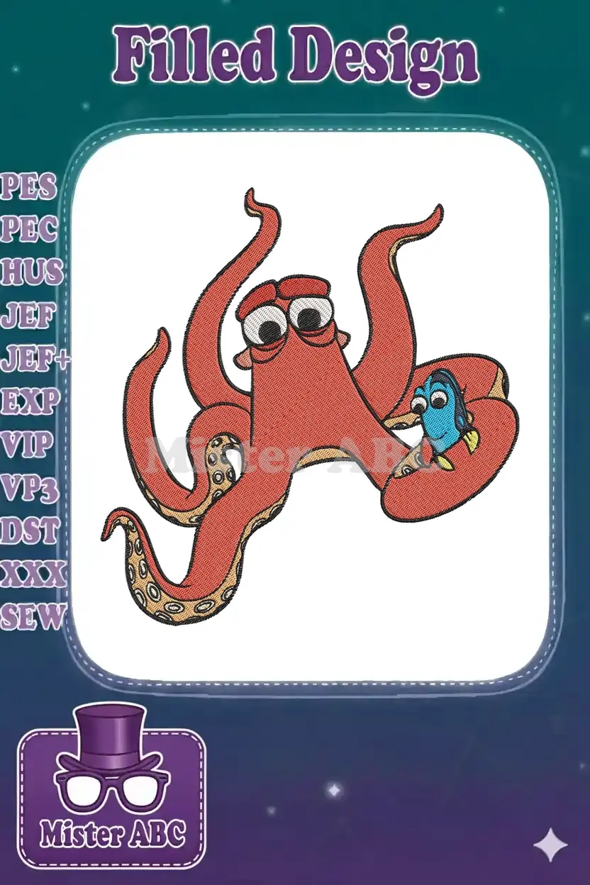 A vibrant embroidery design showcasing Hank the red octopus holding Dory the blue fish from Disney's Finding Dory.