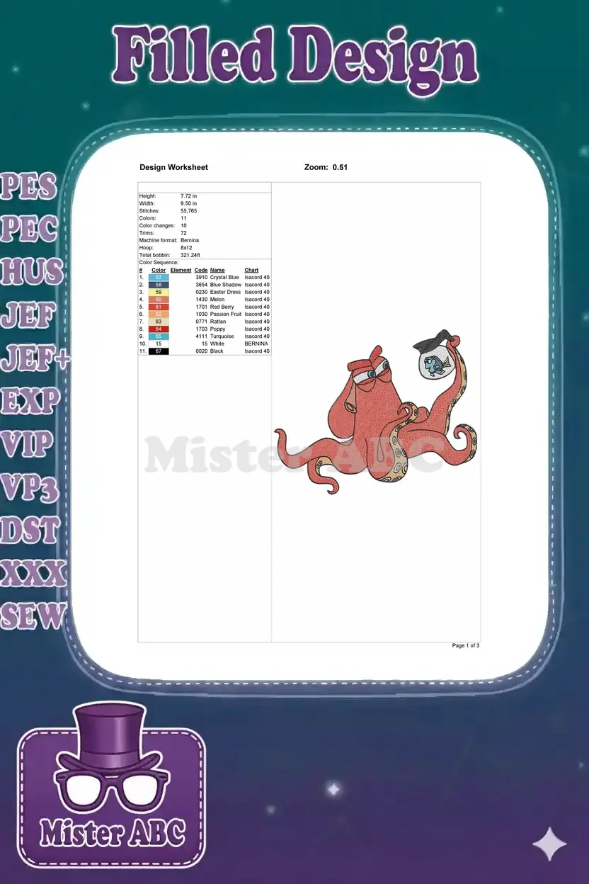 Embroidery design worksheet showing technical specifications like dimensions, stitch count, colors, and thread chart.