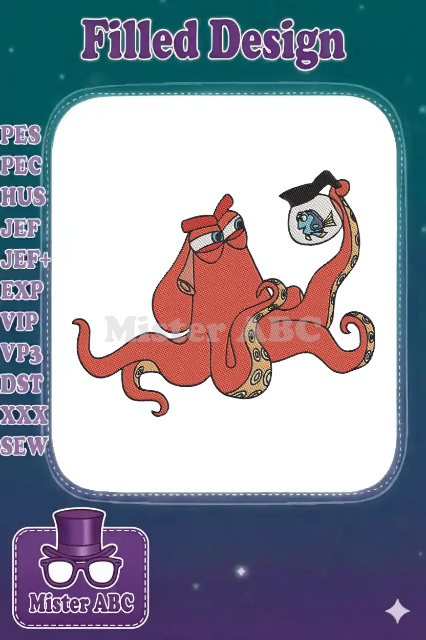 Embroidered design of Hank the octopus looking sleepy, holding a coffee pot with Dory inside. A humorous Disney character.