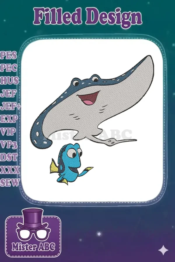 Vibrant embroidery design featuring Mr. Ray the spotted eagle ray and Dory the blue tang from Finding Nemo.