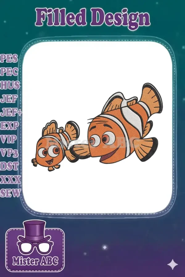 Embroidered design of Marlin and Nemo, the father and son clownfish, smiling brightly on a white background.